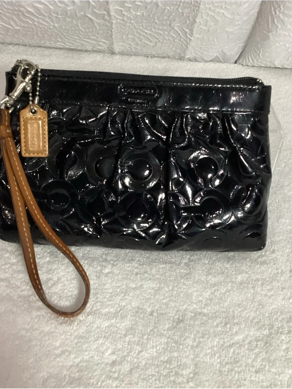 COACH Black Signature Embossed C Patent Leather Bag with Charm & Wrist Strap